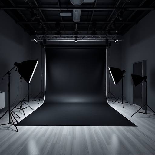 Interior of a modern photo studio with black backdrop