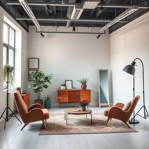 Interior of a modern photo studio with vintage furniture