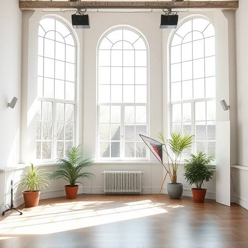 Interior view of Studio B, a natural light studio with large windows